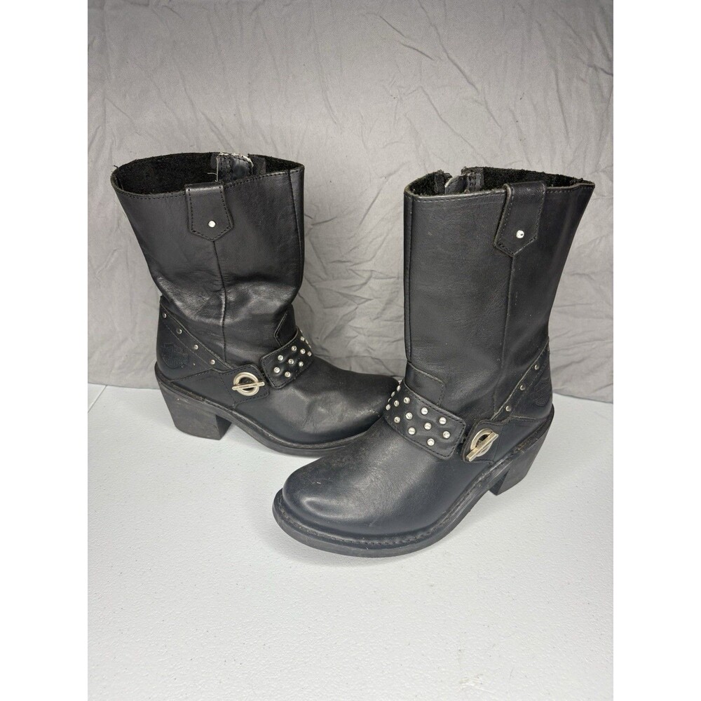Harley-Davidson Womens 7 Black Leather Harness Boots Macie Moto Rhinestone Y2k